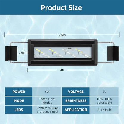 DaToo LED Aquarium Light Full Spectrum Fish Tank Light with Dimmer White Blue Red Green LEDs Fish Tank Light with Three Lighting Modes and Extendable Bracket for 8 Inch to 12 Inch Aquarium - size: 8~12 Inch