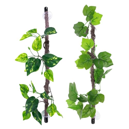 2pcs Artificial Reptile Plants with Suction Cup, Flexible Plastic Climbing Vines for Snake and Lizards, Decorative Green Jungle Branches for Terrarium and Reptile Tank Use