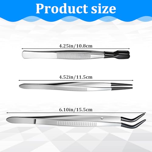 3 Pieces Tweezers with Rubber Tips, Craft Sticker Rubber Tipped Tweezers Straight Flat Tip Long Bent Precision Tweezer Set for Crafting, Jewelry, Stamps, Beads, Lab Industrial Tools (Black)