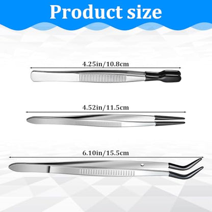 3 Pieces Tweezers with Rubber Tips, Craft Sticker Rubber Tipped Tweezers Straight Flat Tip Long Bent Precision Tweezer Set for Crafting, Jewelry, Stamps, Beads, Lab Industrial Tools (Black)