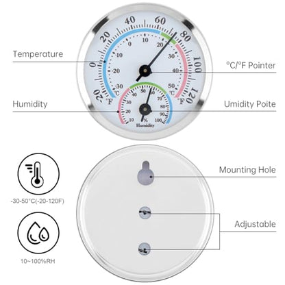 Mini Indoor Thermometer Hygrometer Analog 2 in 1 Temperature Humidity Monitor Gauge for Home, Wall, Room, Outdoor, Offices, Display Mechanical (Silver)