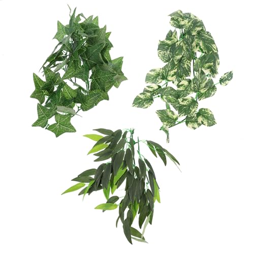 DOITOOL Reptile Plants Leaves Set with Suction Cups, 3pcs Artificial Green Vines for Terrarium Habitat Decor, 12-inch and 30cm Leaf Climbing Accessories for Lizards, Geckos, Snakes