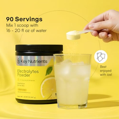 KEY NUTRIENTS Multivitamin Electrolytes Powder No Sugar - Refreshing Lemonade Electrolyte Powder - Sodium & Energy Supplement - Hydration Powder - No Calories - 90 Servings - Made in USA