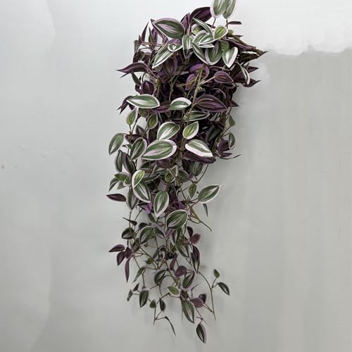 2Pcs 29.5" Artificial Wandering Jew Plants Faux Hanging Eyebrow Vine Purple Realistic Silk Fake Eyebrow Leaves Flowers for Home Office Wall Indoor Outdoor Garden Party Decoration