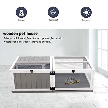 Tortoise Habitat with Waterproof Activity Tray Rest Game Compartments Metal Latch Top Galvanized Mesh Small Animals Outdoor Wooden Reptile Cage 43.1x24x12.8 Inches Grey