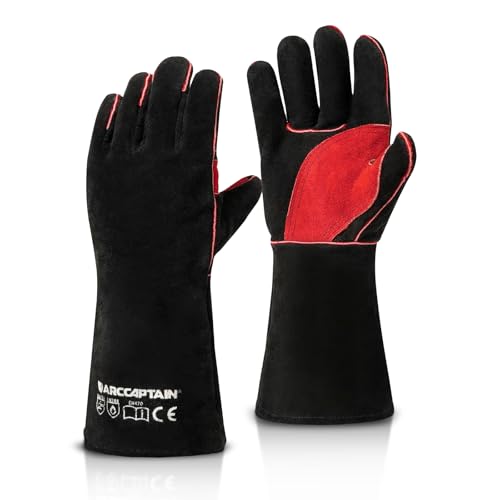 ARCCAPTAIN 16" Welding Gloves for Men and Women, Heat Resistant Fire Gloves, Cowhide Leather Welding Gloves for MIG, TIG & Stick, Forge, BBQ Grill, Fireplace, Campfire, Wood Stove & Oven, Black-Red, L - color: Black, size: 16inch