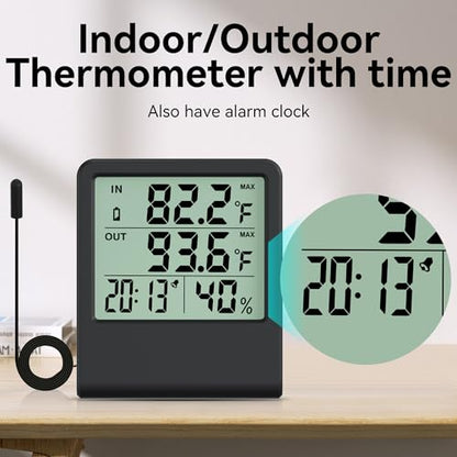 4-in-1 Thermometer Hygrometer with Alarm Clock, Large LCD, 1.5 m Waterproof Probe for Fridge/Greenhouse/Aquarium, 10-Second Refresh, Max/Min, °C/°F, Wall/Desk/Magnetic Mount