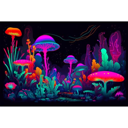 Mushrooms Aquarium Background Mushrooms in Dark Forest with Bright Colors Terrarium Background Tranquil Lake Cartoon Style Aquatic Plants Fish Tank Backdrop Poster Decorations Wallpaper Decor 24x16in - color: Purple Red, size: 24(W)x16(H)in
