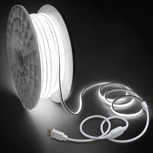 200FT COB Led Strip Lights Outdoor Plug in LED Rope Light for Outside Waterproof 1 Roll Bright White AC 110~120V High Voltage 288Leds/M 6000K 60M Flexible COB LED Light for Decor - color: Daylight White, size: 60M