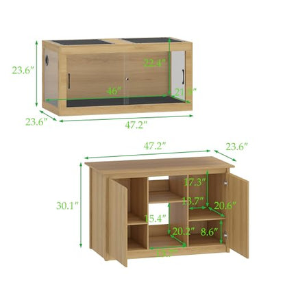 120 Gallon Reptile Tank, Terrarium Tank with Storage Cabinet, Breathable Wire Mesh Top and Wire Threading Holes, Large Reptile Enclosure with Spring Lock for Bread Dragon, Gecko, Log Color