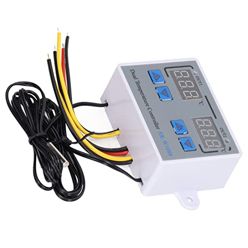 Dual Display Temperature Humidity Controller, Digital Thermostat Switch with 10K Sensor, Heating Cooling Thermostat for Greenhouse Reptile Tank, 12V Input Wide Range - 50℃ to