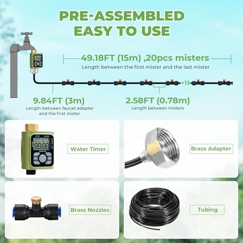 HOMENOTE Misting Cooling System with Timer, 59FT Misting Hose+20 Brass Nozzles+3/4" Brass Adapter+Water Timer with Mist Mode & Irrigation Mode, Outdoor Misters for Patio Cooling and Garden Watering - size: 59FT / 18M