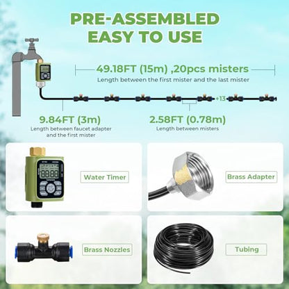 HOMENOTE Misting Cooling System with Timer, 59FT Misting Hose+20 Brass Nozzles+3/4" Brass Adapter+Water Timer with Mist Mode & Irrigation Mode, Outdoor Misters for Patio Cooling and Garden Watering - size: 59FT / 18M