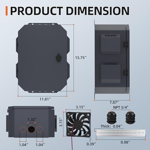 Joinfworld Outdoor Electrical Box, Electrical Enclosure Box with 12V Fan Metal Waterproof IP65 Junction Vented Enclosure Weatherproof with Cold-Rolled Steel Plate Din Rail Cable Gland 15.7"x11.8"x7.9" - size: 15.7"x11.8"x7.9"