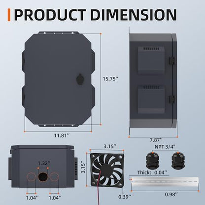 Joinfworld Outdoor Electrical Box, Electrical Enclosure Box with 12V Fan Metal Waterproof IP65 Junction Vented Enclosure Weatherproof with Cold-Rolled Steel Plate Din Rail Cable Gland 15.7"x11.8"x7.9" - size: 15.7"x11.8"x7.9"