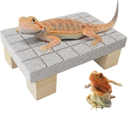 Bearded Dragon Shedding Rock, Bearded Dragon Pumice Stone Platform for Shedding, Calcium Stone with Wooden Pile, Reptiles Claw Grinding Block to Remove Dead Skin, Reptile Tank Care Accessories