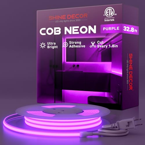 Shine Decor COB LED Rope Light AC 120V, 800lm Ultra Bright, IP65 Waterproof Cold-Resistant ETL Neon Strip, No Driver Tape Lighting for Home Commercial 10x4.5mm, Purple, 32.8ft - color: Purple, size: 32.8 ft