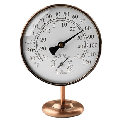 4-Inch Indoor Thermometer and Humidity Gauge, Room Analog Temperature and Humidity Monitor, Dual Scale Display, Brass Dial with Stand, Battery-Free for House, Home, Desk, Bedroom, Garage, RV