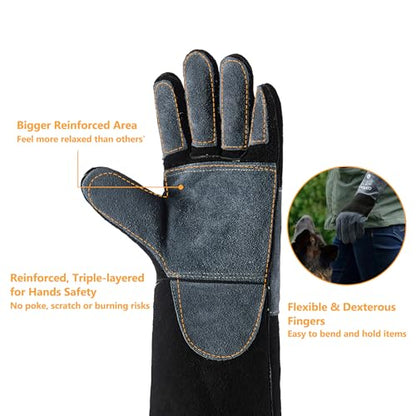 COOLJOB Bite Proof Animal Handling Gloves, Cowhide Leather with Kevlar Stitching for Cat Grooming, Dog Training, 16/22” - color: Blue-black, 22"