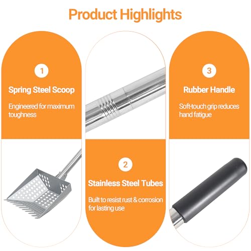 Chicken Poop Scooper Tempered Spring Steel Sifting Shovel for Chicken Coop with 32-60" Adjustable Stainless Steel Tube Cleaning Tool for Coop with Rubber Handle - size: 8" W x 3" D