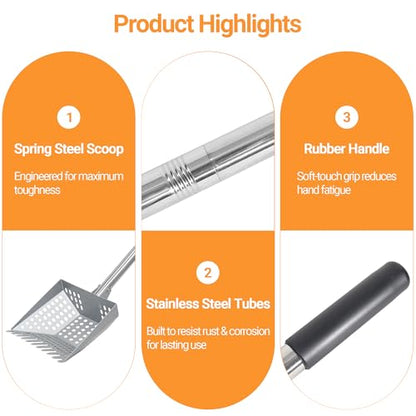 Chicken Poop Scooper Tempered Spring Steel Sifting Shovel for Chicken Coop with 32-60" Adjustable Stainless Steel Tube Cleaning Tool for Coop with Rubber Handle - size: 8" W x 3" D