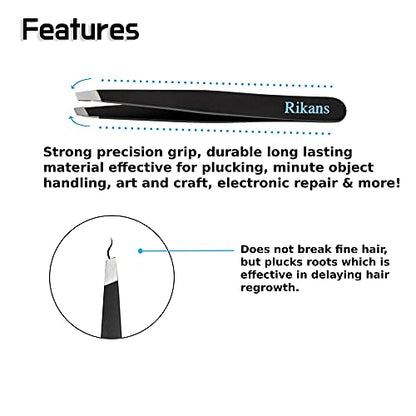 Rikans Precision Tweezers Set – Pack of 4 Black Professional Tweezers – Handy Carry Pouch – Superior Stainless Steel Tweezer Set – Splinters, Eyebrows, Facial or Ingrown Hair – Blackheads Remover