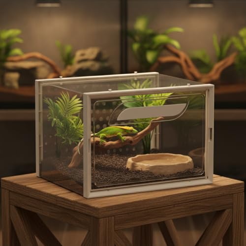 Reptile Habitat Box with Handle, Ventilated PP Plastic Terrarium for Geckos and Lizards, Portable Enclosure with Secure Lid, 13.8 x 9.8 x 7.3 Inches (1 PC)