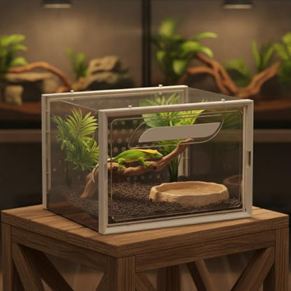 Reptile Habitat Box with Handle, Ventilated PP Plastic Terrarium for Geckos and Lizards, Portable Enclosure with Secure Lid, 13.8 x 9.8 x 7.3 Inches (1 PC)