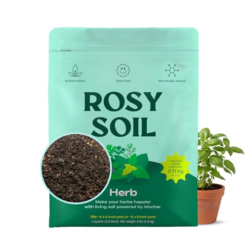 Rosy Soil Herb Mix, Organic Indoor and Outdoor Herb Potting Soil, 4 Quarts | Biochar, Worm Castings, Mycorrhizae Blend, Peat-Free, Fast Draining, for Basil, Cilantro, Lavender, Thyme, Mint, Rosemary - color: Herb, size: 4 Quarts