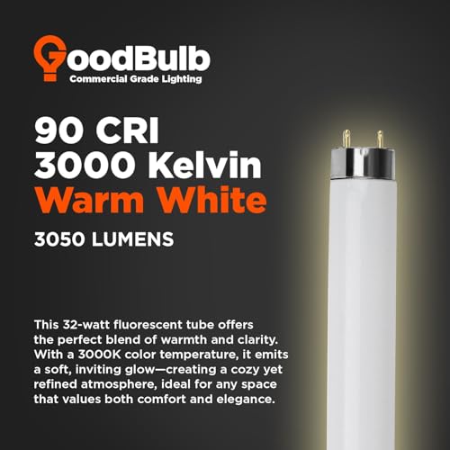 GoodBulb 32W 48 Inch T8 Fluorescent Light Bulb 3000K Warm White Medium Bi-Pin Base 3050 Lumens 86 CRI 24000 Life Hours Instant/Programmed Start (Pack of 25) - color: 3000k