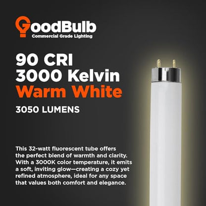 GoodBulb 32W 48 Inch T8 Fluorescent Light Bulb 3000K Warm White Medium Bi-Pin Base 3050 Lumens 86 CRI 24000 Life Hours Instant/Programmed Start (Pack of 25) - color: 3000k