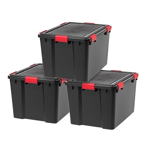 IRIS USA WeatherPro 74 Qt Storage Bins with Lids, 3 Pack, BPA-Free Plastic Gasket Box with Tight Latch and Seal, Stackable Nestable Tote Tub - Black/Red - size: 74 Qt. - 3 Pack