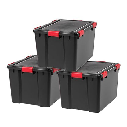 IRIS USA WeatherPro 74 Qt Storage Bins with Lids, 3 Pack, BPA-Free Plastic Gasket Box with Tight Latch and Seal, Stackable Nestable Tote Tub - Black/Red - size: 74 Qt. - 3 Pack