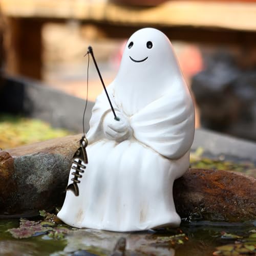Fishing Ghost Statue Funny Halloween Decorations, 3.35 Inch Cute Sitting Ghost Figurine Shelf Sitter Resin Sculpture for Outdoor Garden Yard Lawn Pond Waterfalls Pool Ornaments - color: Ghost