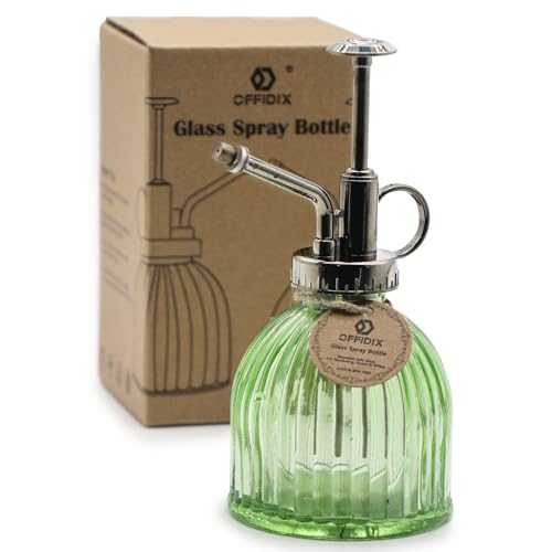 OFFIDIX Glass Plant Mister, 6.3 Inches Tall Vintage Style Spritzer Bronze Plastic Top Pump One Hand Watering Can Indoor Plant Spray Bottle for Garden, Plants, Cleaning (Light Green) - color: F-Light Green