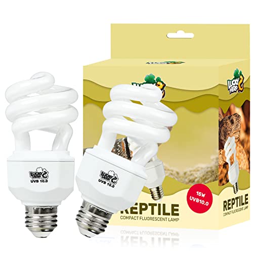 LUCKY HERP 2 Pack UVA UVB Reptile Light, 15W 10.0 UVB Bulb for Desert Reptiles, Compact Fluorescent Terrarium Lamp, Reptile UVB Bulb for Bearded Dragon, Lizard, Tortoise - size: 15&10.0