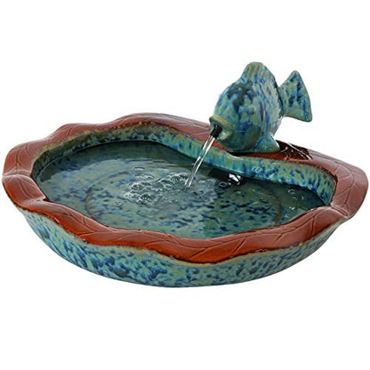 Sunnydaze Glazed Ceramic Fish 7-Inch Outdoor Garden Fountain - Outdoor Tabletop Fountain for Patio, Deck, Garden - Aqua and Brown