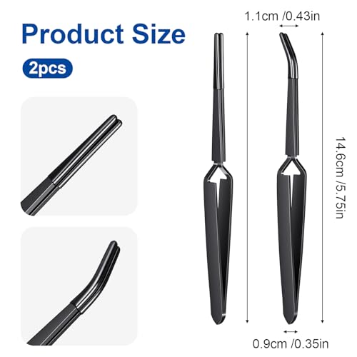 Reverse Tweezers for Crafting, 2 Pcs Rubber Tipped Tweezers Stainless Steel PVC Coated Bent and Straight Flat Tip Cross Locking Precision Tweezer Set for Crafts Jewelry Beads Coins Electronic (Black)