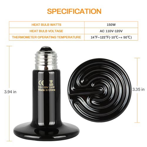 Simple Deluxe 150W Ceramic Heat Lamp Reptile Heat Emitter Heater Lamp Bulb No Light with Free Digital-Thermometer, for Pet Brooder Coop Chicken, Dragon Turtle Lizard Snake Aquarium Tank - size: 150 Watts, style: Bulb *1+Thermometer