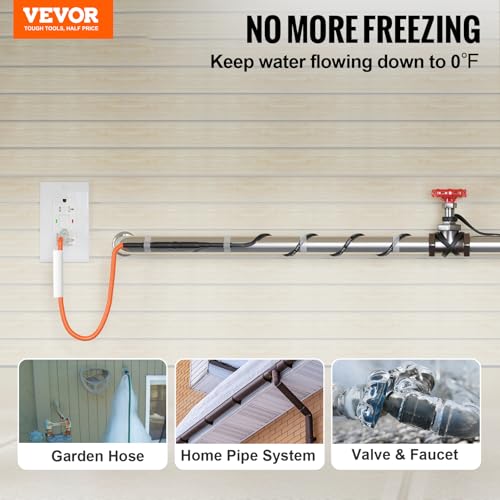 VEVOR Self-Regulating Pipe Heating Cable, 40FT 5W/FT Heat Tape for Pipes Freeze Protection, Water Pipe Heat Cable with Built-in Thermostat Protects PVC Hose, Metal and Plastic Pipe from Freezing - size: 40FT
