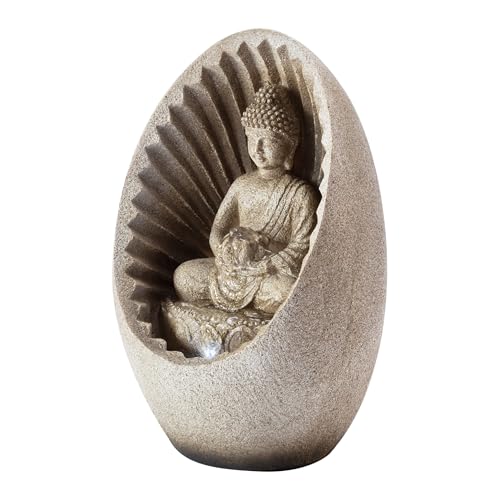Alpine Corporation WIN322 Indoor/Outdoor Tabletop Buddha Fountain with LED Lights, Soothing Buddha Garden Fountain 11", Beige - color: Zen Buddha