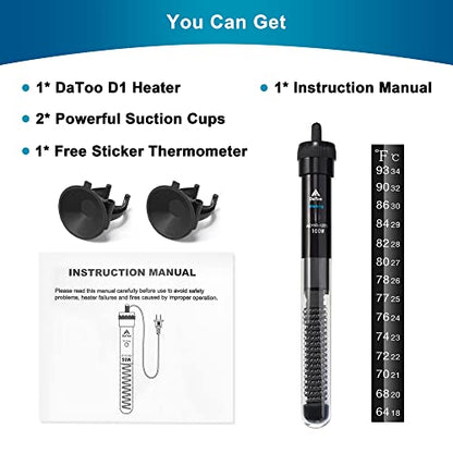 DaToo Aquarium Heater Adjustable 100W Submersible Fish Tank Heater with Electronic Chip Thermostat Suitable for Marine Saltwater and Freshwater - size: 100Watt