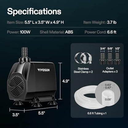 VIVOSUN 1050 GPH 100W Submersible Water Pump, Quiet Fountain Pump With 13.1 ft Head Lift, 6.6 ft Power Cord, 3 Nozzles, Tubing, & 2 Clamps, For Fish Tank, Pond, Aquarium, Hydroponics - size: 8"×6"-1050