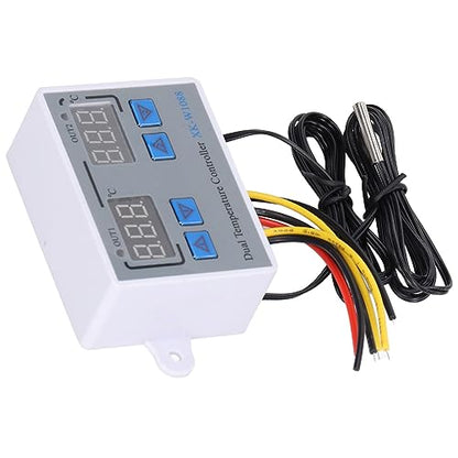 Digital Dual Display Temperature Humidity Controller Thermostat Switch with 10K Sensor for HVAC Greenhouse Reptile Terrarium 12V Power ABS Housing 1M Cable