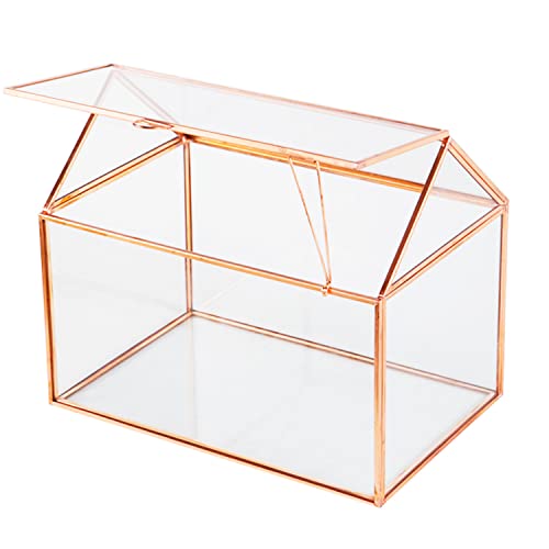 House Shape Close Glass Geometric Terrariumn Tabletop Succulent Plant Garden Geo Planter Moss Fern Swing Lid Reptile, Flower Pot for Plants Succulent, Air Plant (Rose Gold) - color: Rose Gold
