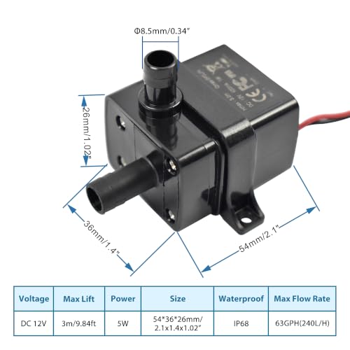 CONQUERALL Mini Submersible Pump with 3.3ft Tubing DC 12V 63GPH 9.8ft 5W Submersible Pump for Tabletop Fountains - color: 12v 5w 240l/H 3m Head Dual Wire