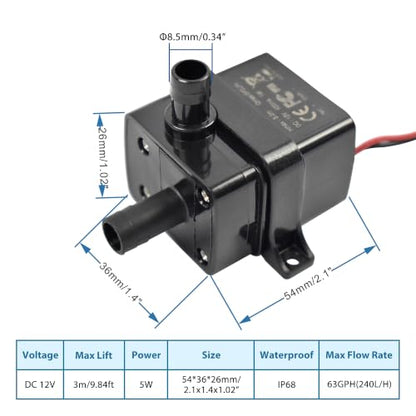 CONQUERALL Mini Submersible Pump with 3.3ft Tubing DC 12V 63GPH 9.8ft 5W Submersible Pump for Tabletop Fountains - color: 12v 5w 240l/H 3m Head Dual Wire