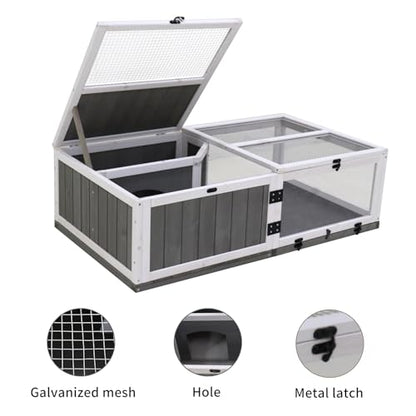 Outdoor Wooden Cage, Upgrade Waterproof Tray, Wooden Turtle House, Indoor Small Animal Turtle Cage with Rest Area and Play Water Game Area Reptile, Gray