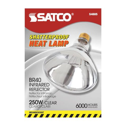 Satco S4885 BR40 Incandescent Heat Lamp Bulb, 250W, 120V, E26 Base, Clear Heat, Dimmable, Shatterproof PFA Coating, 6000H, 2700K, Bathrooms, Saunas, Industrial, Commercial Use (6 Pack)