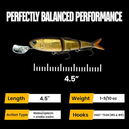 Headbanger Spitfire Topwater Fishing Lure (4-1/2" & 6-1/2") – Hybrid Wakebait & Propbait for Bass, Pike & Musky – Hard Body Swimbait with Action Lip & VMC Hooks - color: Golden Shiner, size: 4-1/2"